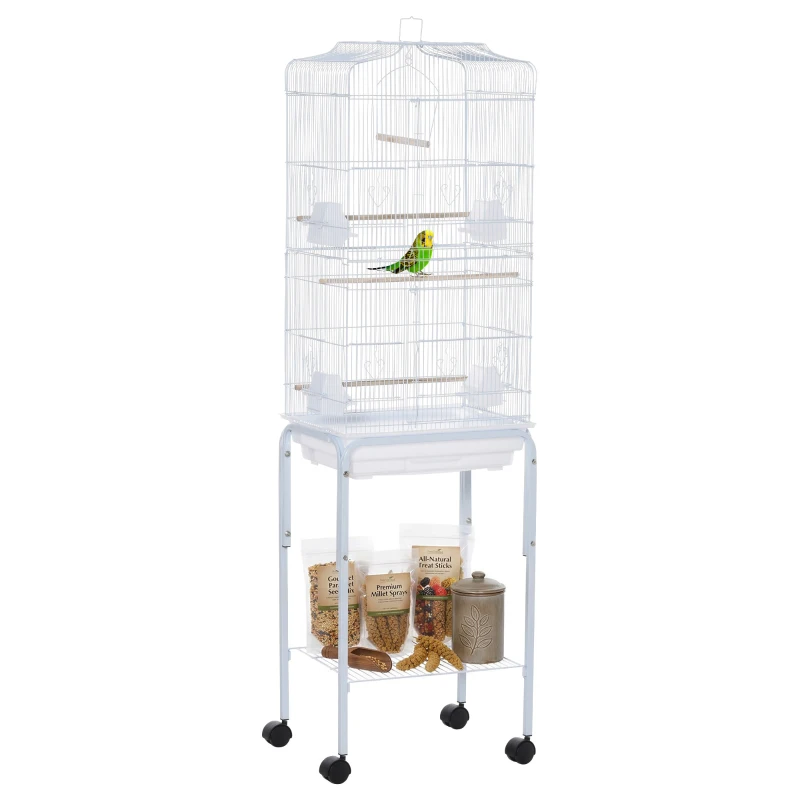 PawHut 62" Rolling Bird Cage Cockatoo House Play Top Finch Pet Supply with Storage Shelf, Wheels - White