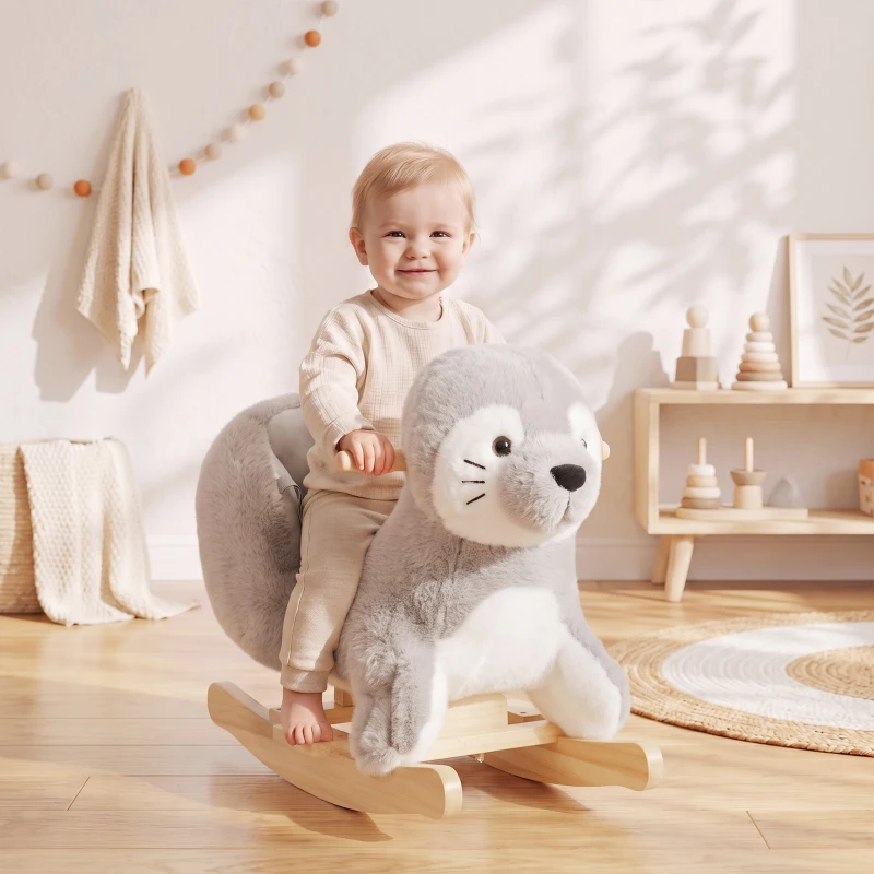 Qaba Baby Rocking Horse, Plush Seal Ride-On Toy for Toddlers 12-36 Months, Kids Animal Rocker with Sounds, Grey