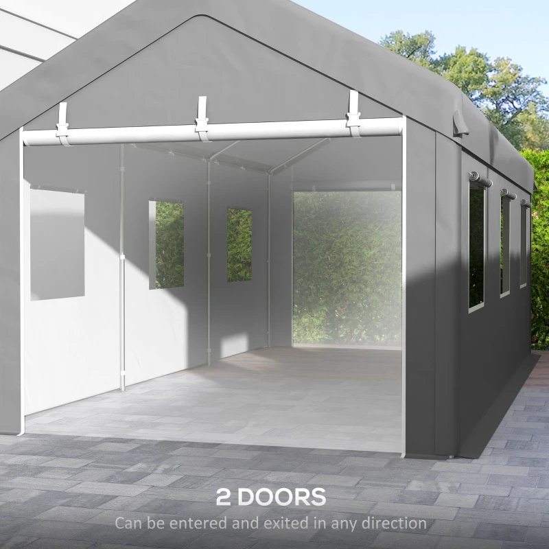 Outsunny 10' x 20' Carport, Heavy Duty Portable Garage with 6 Mesh Windows and 2 Doors, Light Grey