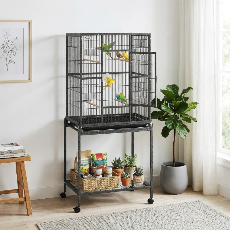 PawHut 56"H Bird Cage, Parrot Cage w/ Detachable Rolling Stand, Removable Tray, Storage Shelf, Perches, Food Container