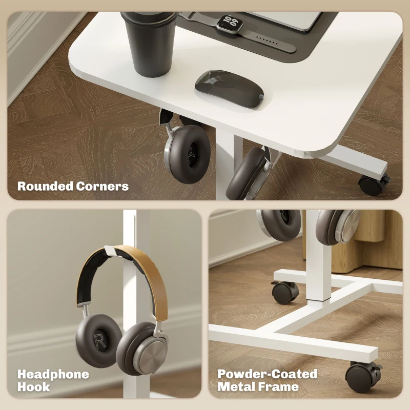 HOMCOM Height Adjustable Standing Desk, Pneumatic Sit Stand Desk with Wheels and Headphone Hook, White Wood Grain