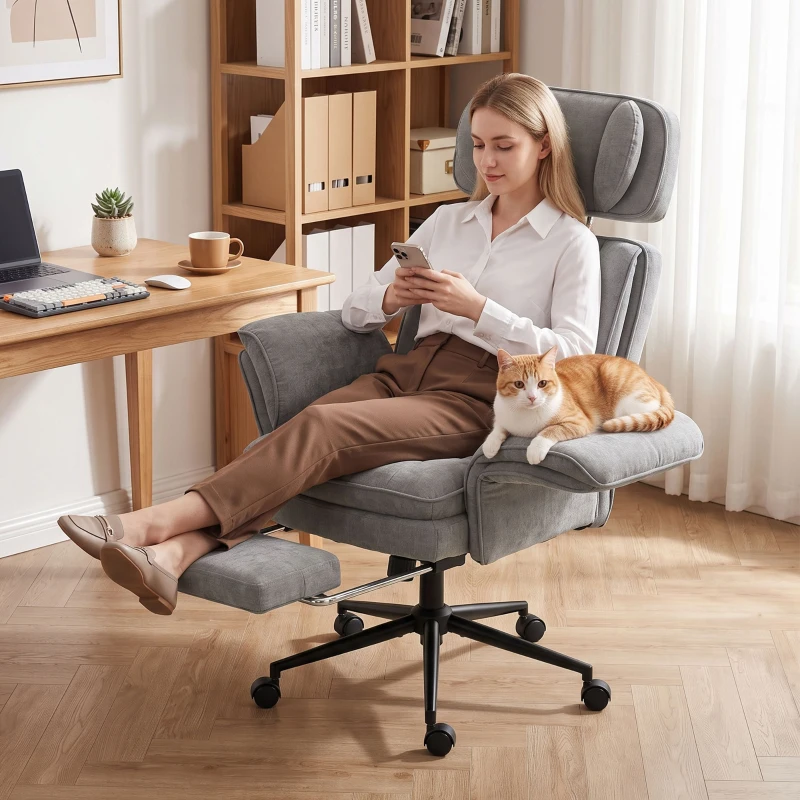 HOMCOM Criss Cross Office Chair with Flip Armrests, Adjustable Headrest, Swivel Tilt Reclining Desk Chair with Wheels, Gray
