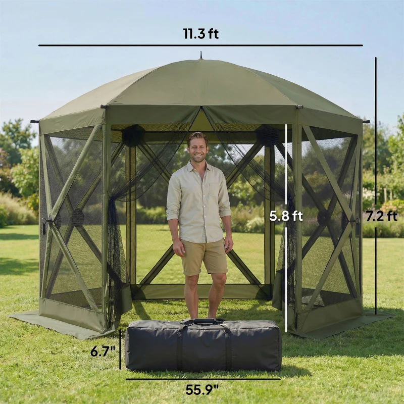 Outsunny 10 x 11 ft Pop Up Gazebo Screen Tent, Portable Instant Camping Canopy Screen House with Nettings, Carry Bag, Dark Green