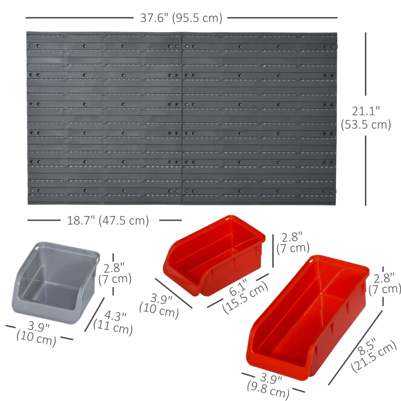 DURHAND 44PC Wall Mounted Storage Bins Parts Rack Kit with 2 Colour Parts, Hardware Screw Tool Organizer with Storage Bins, Pegboard and Hooks, Garage Plastic Organizer, Red