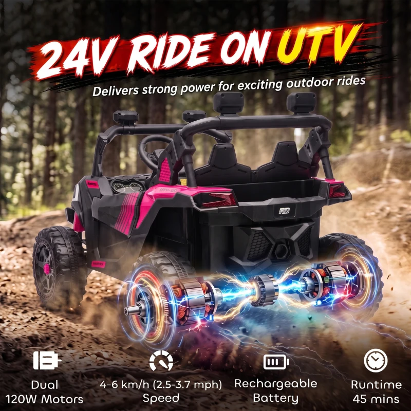 Qaba 24V 2 Seater Ride On Truck Car for Kids with Remote Control, Dual Motors, 4-Wheel Suspension, Storage for Ages 3-8, Pink