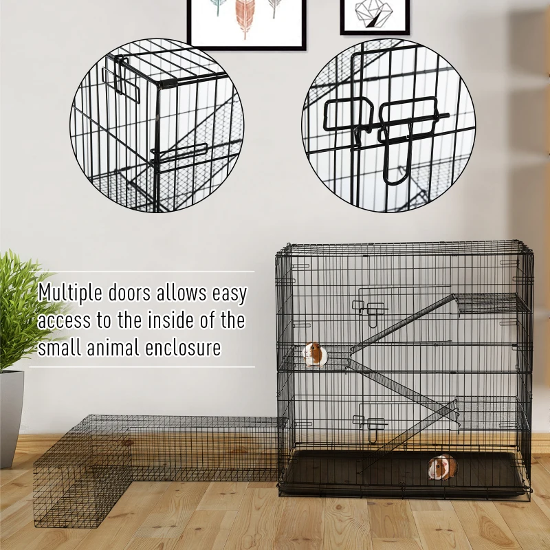 Pawhut Small Animal Cage Hutch Pet Play House with Platform, Ramp, Removable Tray, Wire Runway for Rabbits, Guinea Pigs, Ferret
