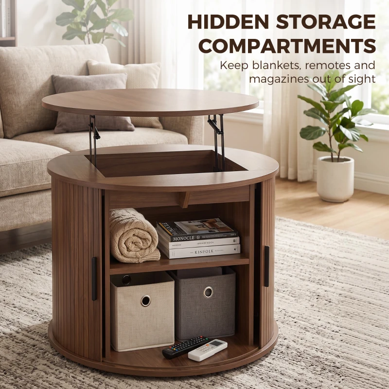 HOMCOM Lift Top Coffee Table, Modern Fluted Round Coffee Table with Layered Storage and Tambour Sliding Door, Walnut Brown