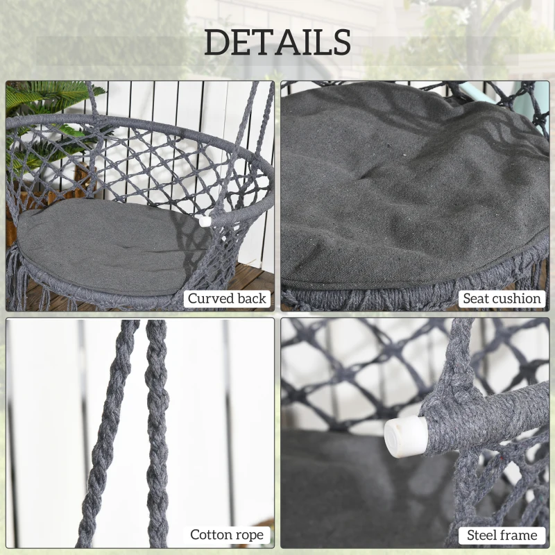 Outsunny Hanging Hammock Chair, Cotton Rope Porch Hammock Swing with Metal Frame and Cushion, Large Macrame Seat for Patio, Garden, Bedroom, Living Room,  Dark Grey