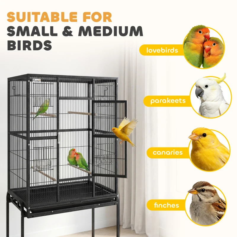 PawHut 56"H Bird Cage, Parrot Cage w/ Detachable Rolling Stand, Removable Tray, Storage Shelf, Perches, Food Container