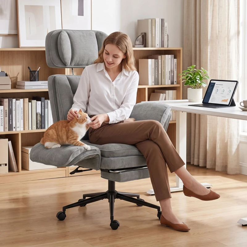 HOMCOM Criss Cross Office Chair with Flip Armrests, Adjustable Headrest, Swivel Tilt Reclining Desk Chair with Wheels, Gray