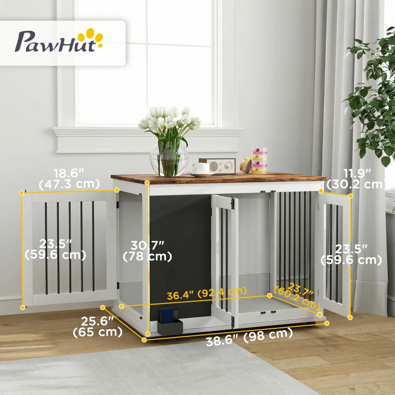 PawHut 39" Dog Crate Furniture Side End Table for Large Dogs w/ Blackboard, Three Doors, White