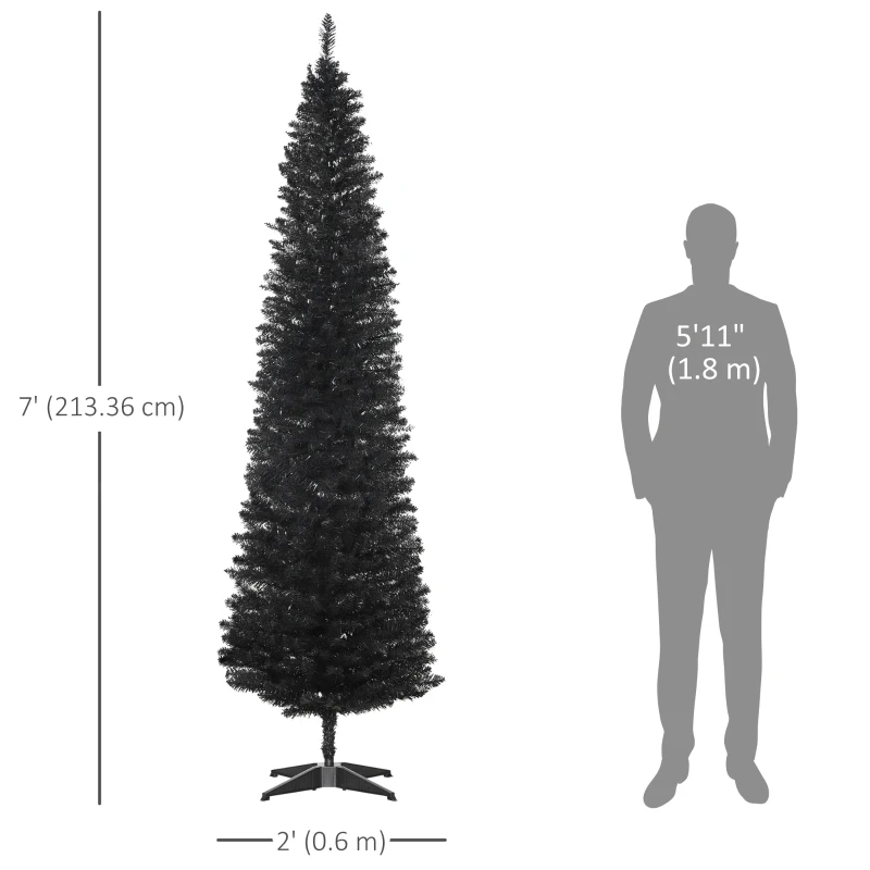 HOMCOM 7FT Artificial Christmas Tree, Pencil Christmas Tree with Realistic Branches, Stable Stand, Black