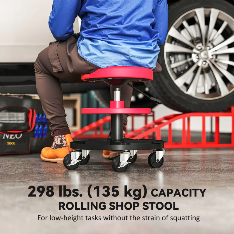 HOMCOM Rolling Garage Stool, 300 LBS Capacity Mechanic Stool with 2.5" Wheels, Tool Trays Storage, Adjustable Height, Red