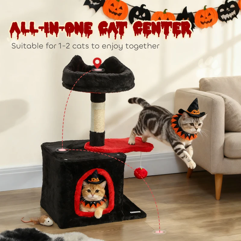 PawHut 28" Gothic Cat Tree Tower with Plush Top Bed, Cozy Condo, Sisal Scratching Post, Perch, Dangling Ball, Red & Black