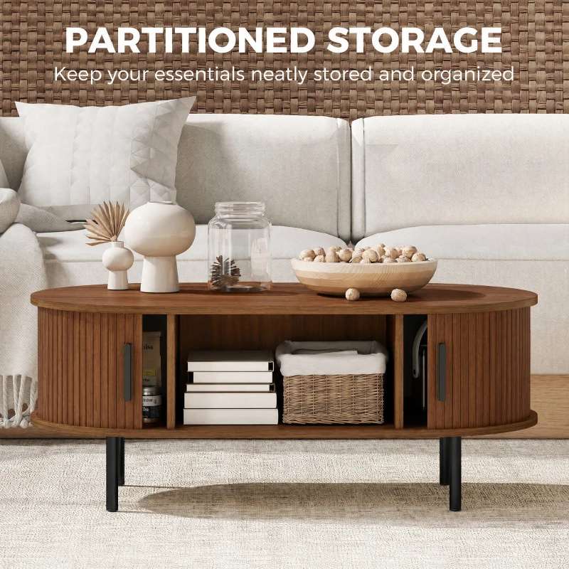 HOMCOM Coffee Table with Sliding Tambour Doors and Storage Center Table with Metal Legs, 39", Brown