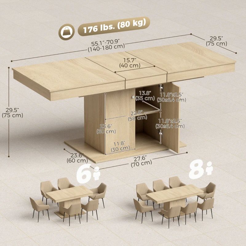 HOMCOM Folding Dining Table Extendable Kitchen Table Storage Cabinet Adjustable Shelf 6-8 People Natural