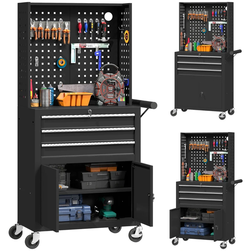 HOMCOM Rolling Tool Cabinet with Pegboard, Lockable Tool Chest, Mobile Tool Storage Organizer for Garage and Workshop, Black
