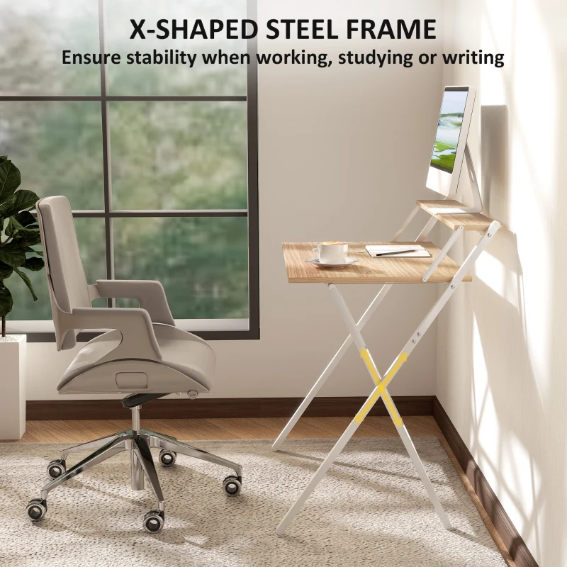 HOMCOM Folding Computer Desk, 32" Foldable Desk with Monitor Shelf for Small Space, Home Office, Easy Assembly, Natural Wood