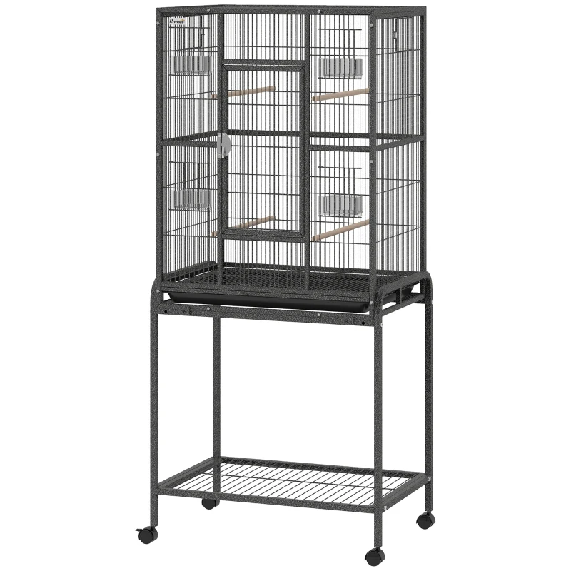 PawHut 56"H Bird Cage, Parrot Cage w/ Detachable Rolling Stand, Removable Tray, Storage Shelf, Perches, Food Container