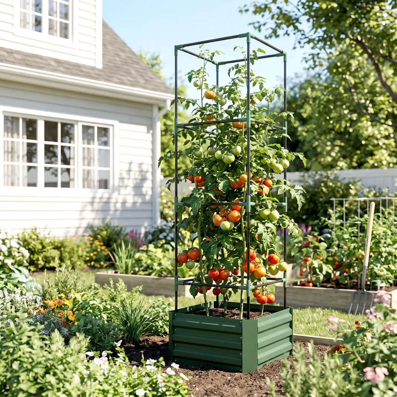 Outsunny Galvanized Planter Box, 24" x 24" x 73.5" Raised Garden Bed with Tomato Cage for Climbing Vines, Green