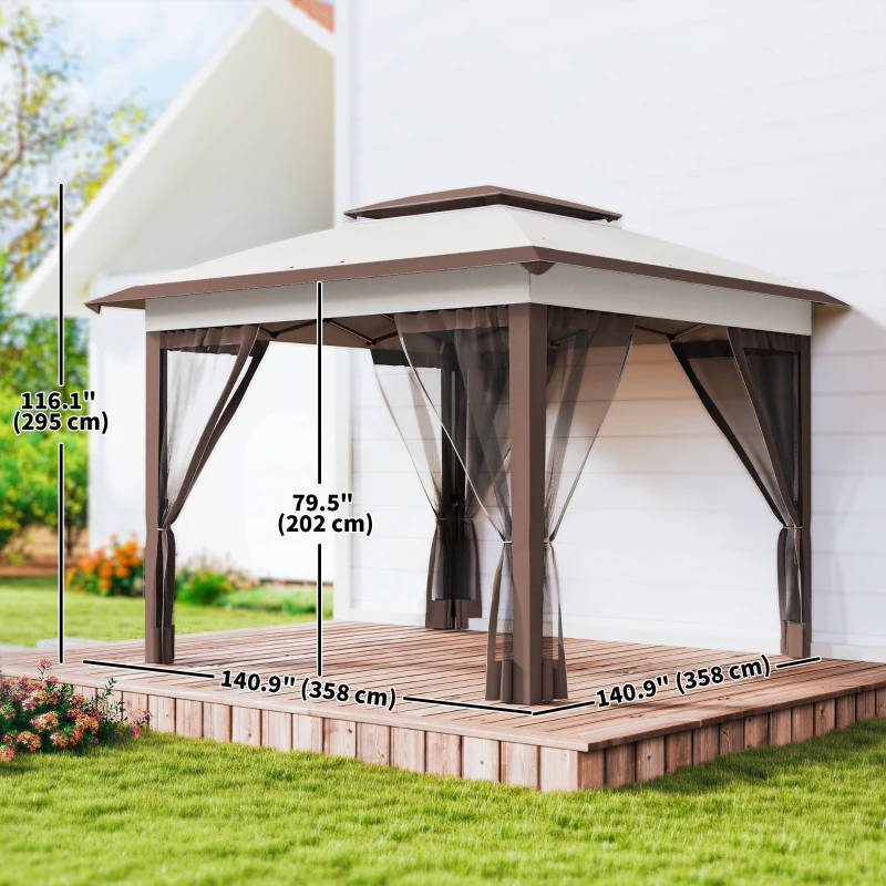 Outsunny 12' x 12' Pop Up Canopy Sun Shade Instant Tent Folding with Mesh Sidewalls, Beige and Dark Brown
