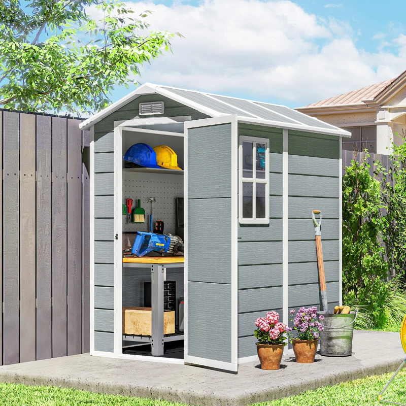 Outsunny 4' x 6' Outdoor Storage Shed, Plastic Shed with Floor, Window, Lockable Door and Vents for Outdoor Patio Storage, Gray
