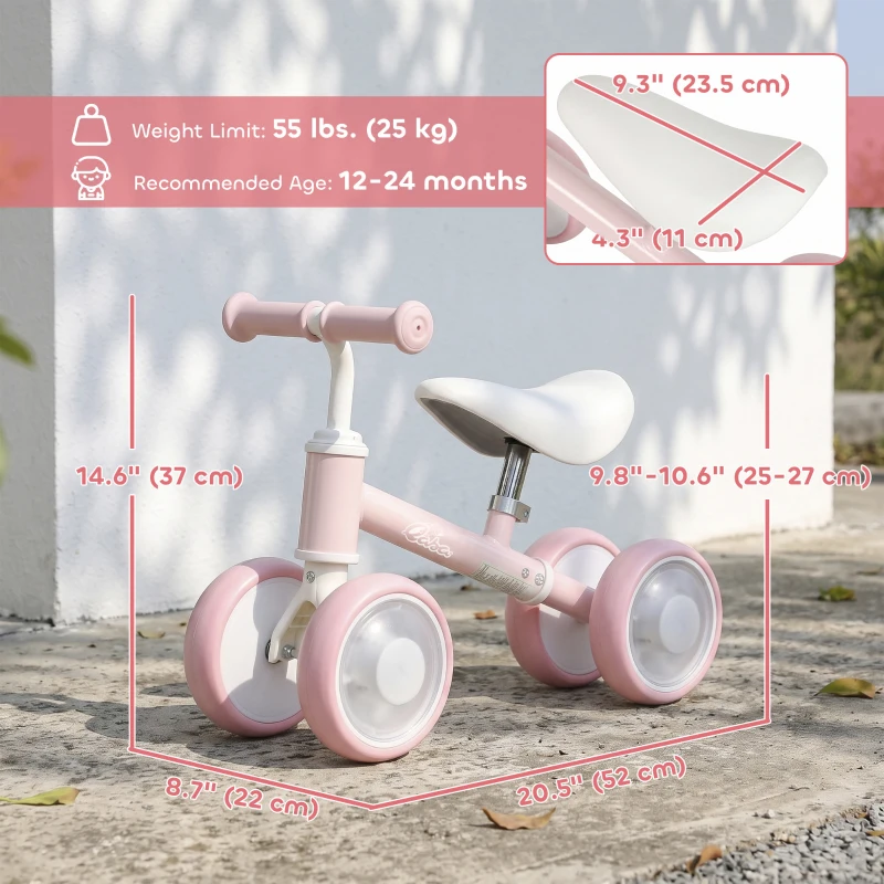 Qaba Baby Balance Bike for 12-24 Months Boys and Girls, Toddler Balance Bike with 4 Flashing Silent Wheels, Pink