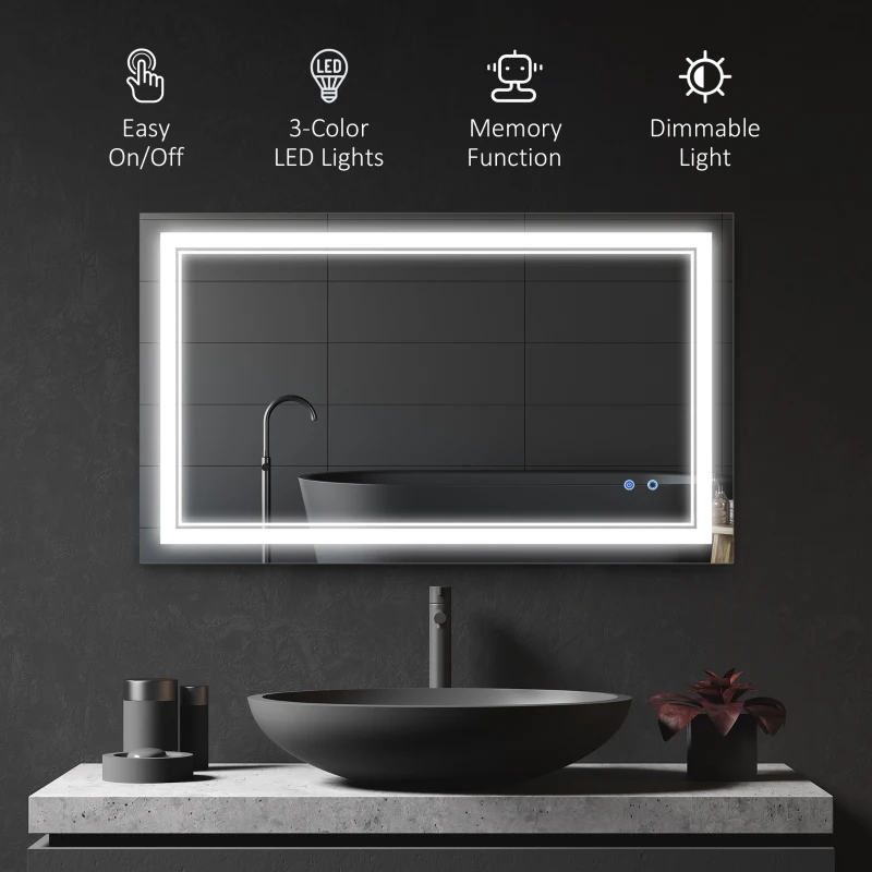 kleankin 40" x 24" LED Bathroom Mirror, Dimmable Lighted Wall-Mounted Mirror, with 3 Colour, Smart Touch, Plug-in, Vertical or Horizontal Hanging