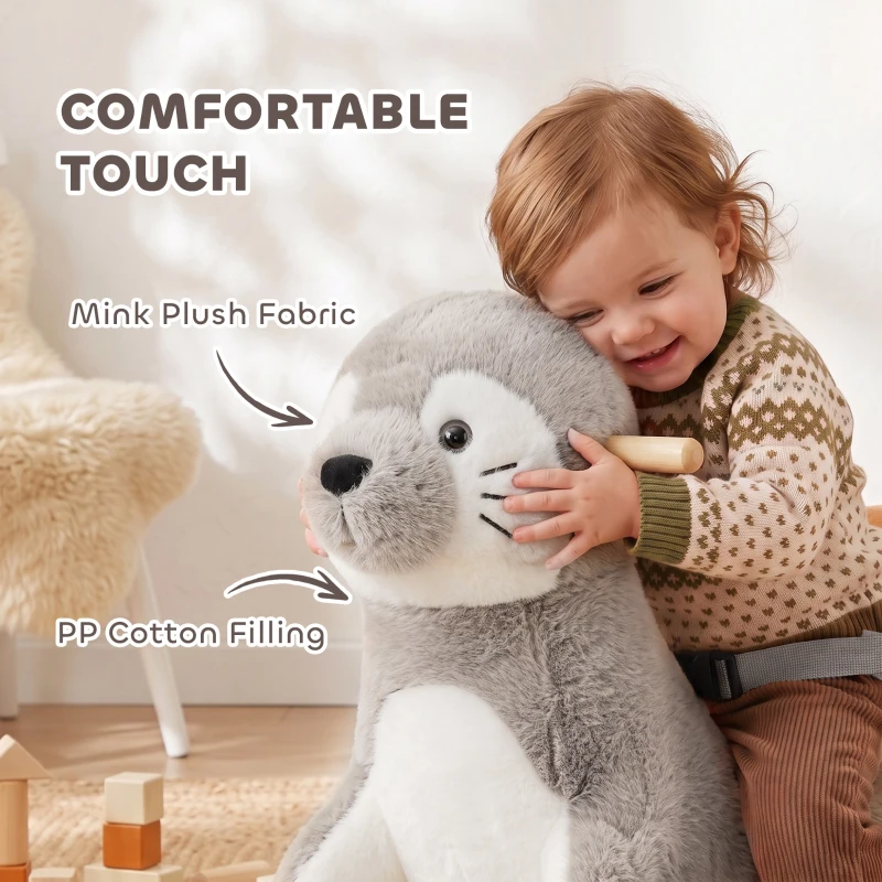 Qaba Baby Rocking Horse, Plush Seal Ride-On Toy for Toddlers 12-36 Months, Kids Animal Rocker with Sounds, Grey