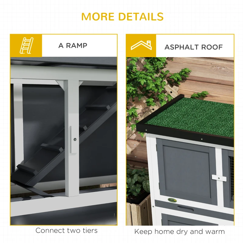 PawHut Wood Rabbit Hutch with 2 Large Main House, Ramp, Trays, Grey