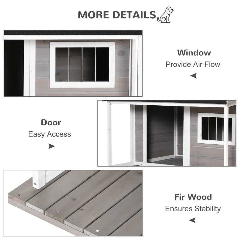 PawHut Outdoor Dog House Cabin Style, Wooden Raised Pet Kennel with Asphalt Roof, Front Door, Side Windows, Deck for Medium/Large Dogs, 53 Lbs., Grey