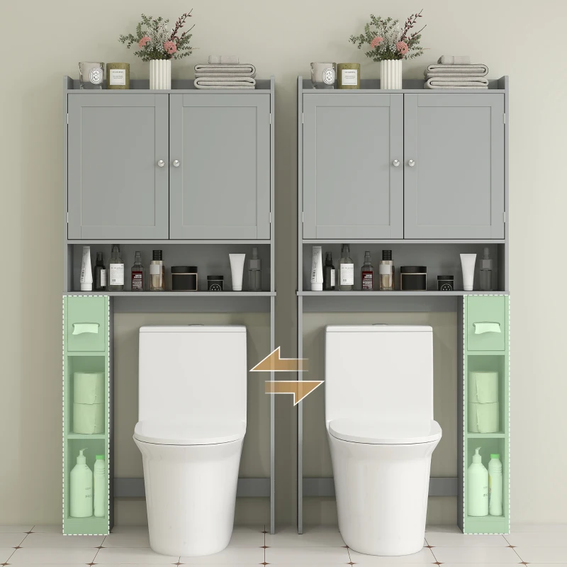 HOMCOM Modern Over The Toilet Storage Shelf with 2 Doors, Above Commode Storage Cabinet with Toilet Paper Holder, Grey