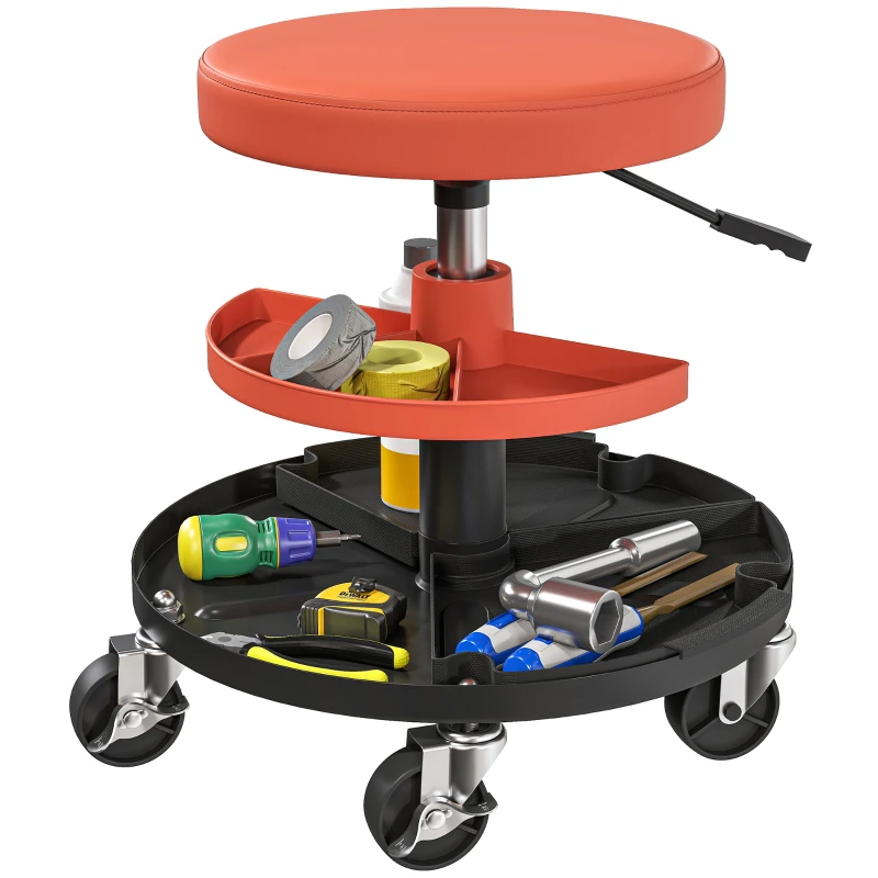 HOMCOM Rolling Garage Stool, 300 LBS Capacity Mechanic Stool with 2.5" Wheels, Tool Trays Storage, Adjustable Height, Orange