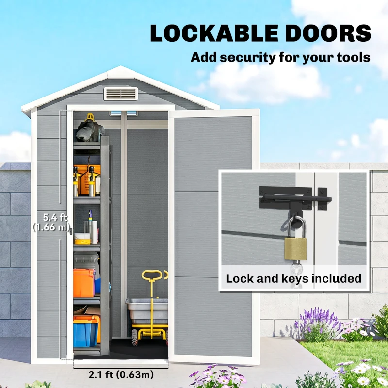 Outsunny 4' x 6' Outdoor Storage Shed, Plastic Shed with Floor, Window, Lockable Door and Vents for Outdoor Patio Storage, Gray