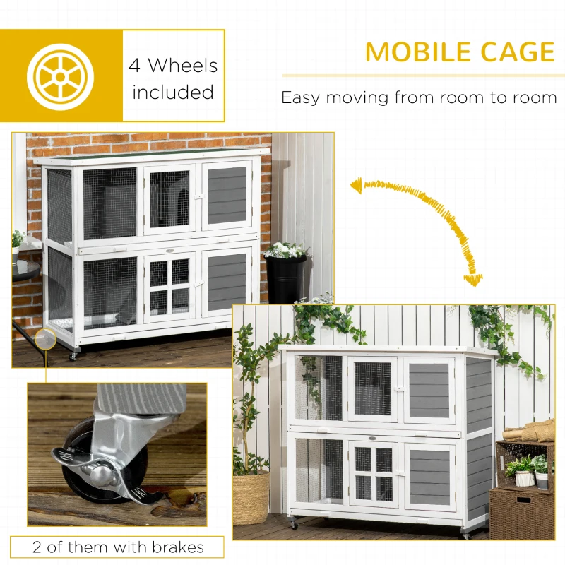 PawHut 2 Tier Wooden Rabbit Hutch with Wheels, Waterproof Roof, Removable Tray for Outdoor & Indoor, Dark Grey