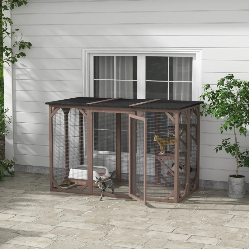 PawHut 71"L Catio Outdoor Cat Enclosure, Indoor Cat Cage, Pet House, Small Animal Hutch for 1-2 Rabbit, Kitten, Kitty Crate Kennel w/ Waterproof Roof, Multi-Level Platforms, Brown