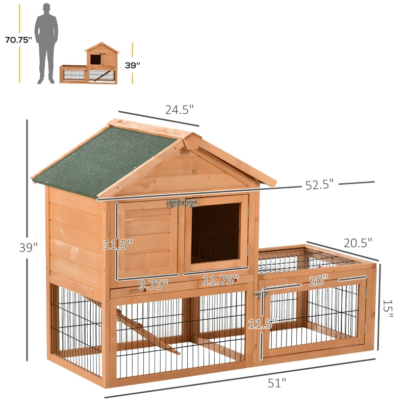 PawHut Wood Rabbit Hutch Bunny Small Animal House w/ Outdoor Run Portable Backyard Wooden with Outdoor Run
