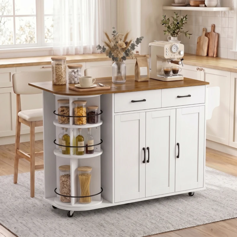 HOMCOM 53" Kitchen Island with Power Outlet and Drop Leaf, Kitchen Cart on Wheels with 360° Rotating Rack, White