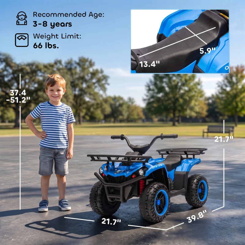 Qaba 24V Ride on ATV, 4 Wheeler for Kids with Dual Motors, Soft Start, Battery Display, Music, Lights for 3-8 Years, Blue