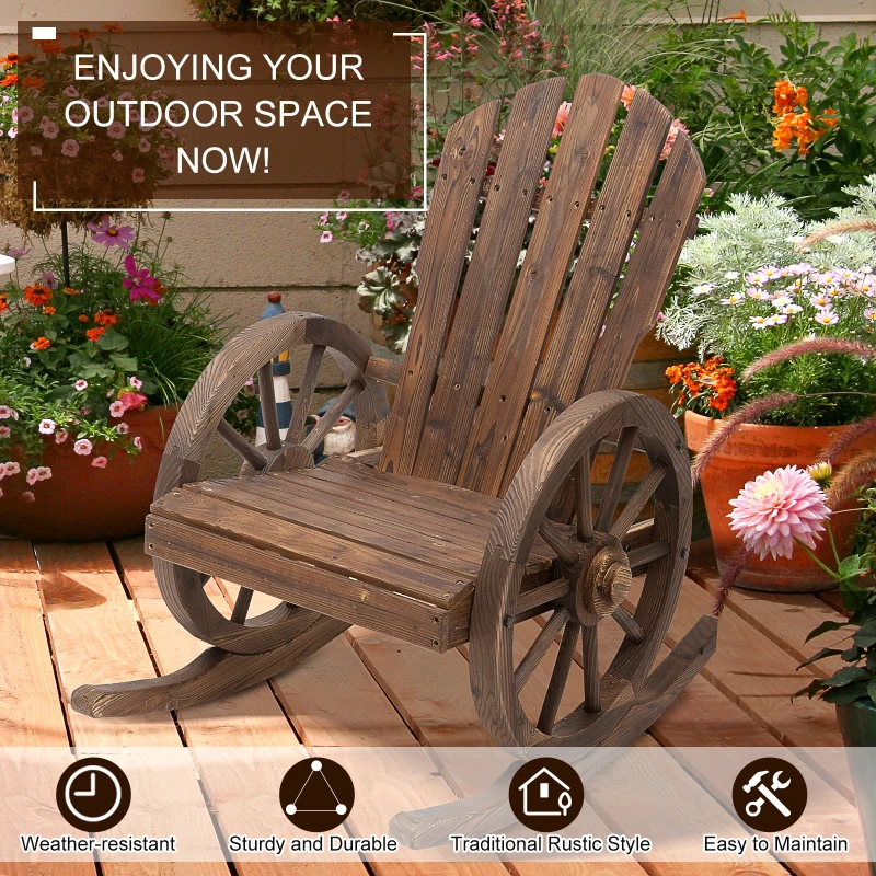 Outsunny Patio Wooden Rocking Chair, Wagon Outdoor Rocker Chair with Slatted Design and Wheel Armrests for Garden, Carbonized