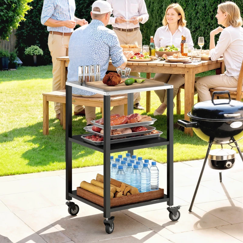 Outsunny Outdoor Grill Cart, Pizza Oven Stand with Stainless Steel Top, 3-Tier Rolling Kitchen Prep Station with Wheels, Black