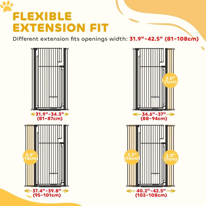 PawHut 53.1" Tall Dog Gate with Cat Door, 32"-42.5" Wide Adjustable Pressure Mounted for Doorways, Hallways, No Drilling, Black