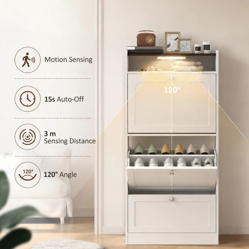 HOMCOM Shoe Cabinet with 3 Flip Drawers Slim Shoe Storage Cabinet with Sensor Light Top Shelf Home Hall White