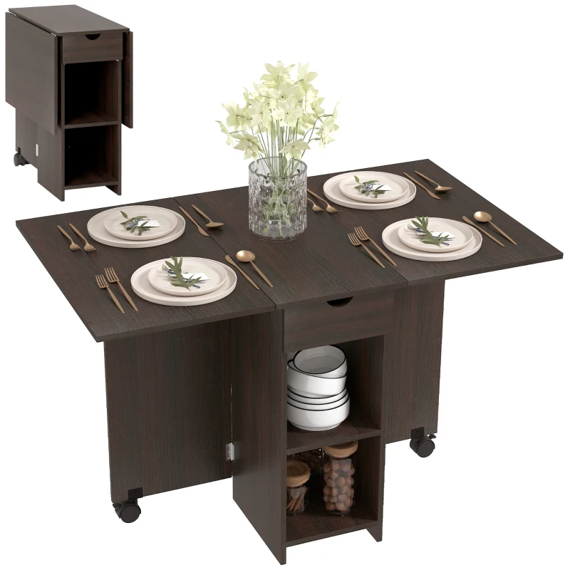 HOMCOM Folding Dining Table, Space Saving Drop Leaf Table with Drawer and Storage Shelves for Kitchen, Dining Room, Dark Brown