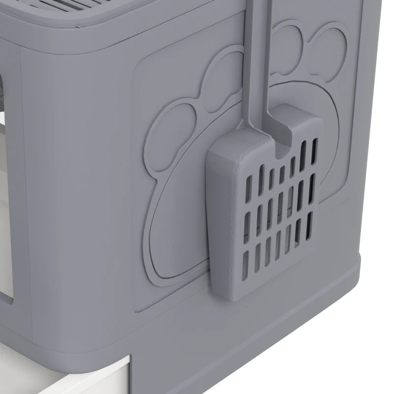 PawHut Cat Litter Box, Front Enter & Top Exit Cat Litter Tray with Scoop, Pull-out Tray, Easy to Clean, Grey