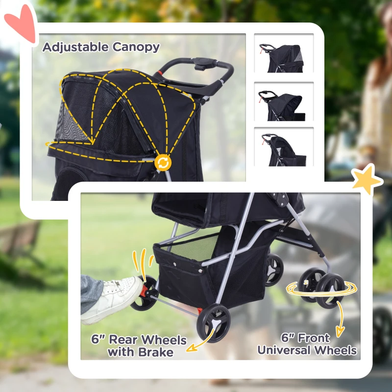 PawHut Cat Dog Stroller, One-click Foldable Pet Stroller w/Cup Holder, 4 Wheels Travel Carrier w/Brakes, 360° Swiveling Front Wheels, Storage Basket, for XS/Small Dogs Cats, Black