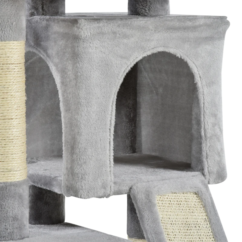 PawHut Plush Cat Tree Tower Activity Center with Sisal Scratching Post Scratching Board Perch Condo, Light Grey
