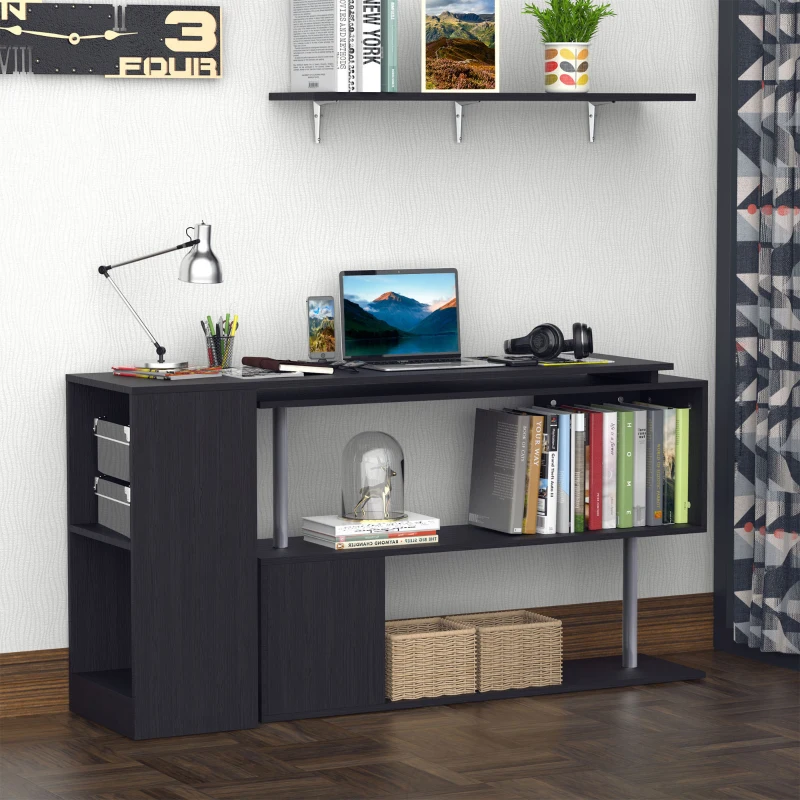 HOMCOM 55" Corner Computer Desk, 360° Rotating L-Shaped Desk, Home Office Workstation with 3-Tier Shelves, Bookshelf, Black