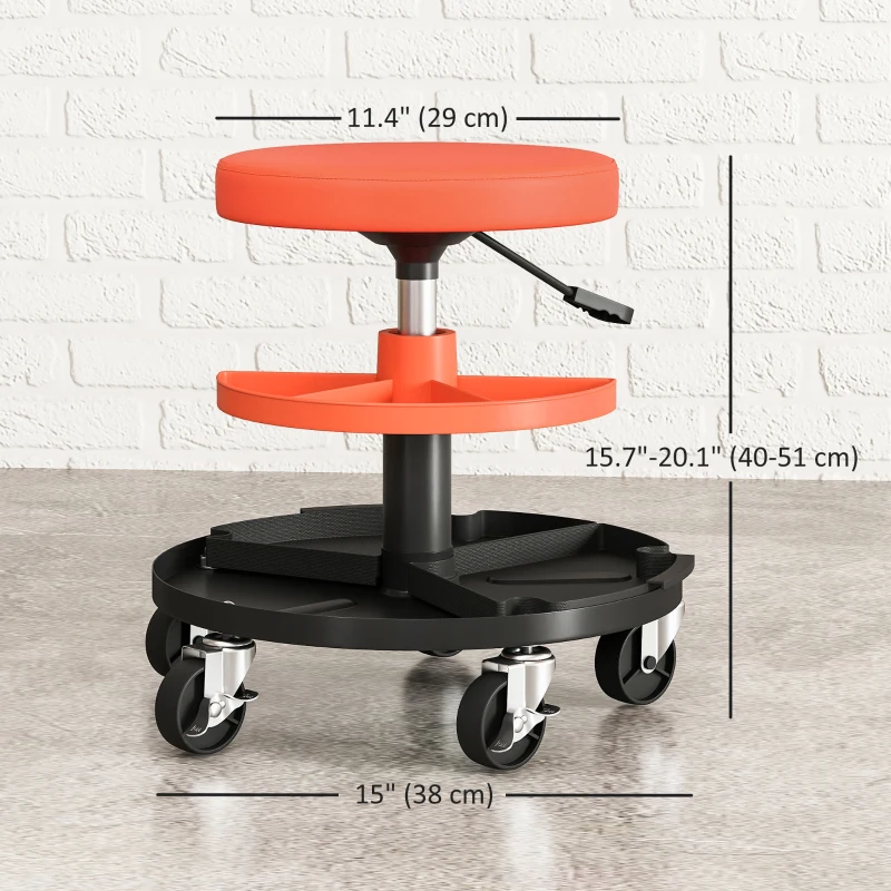 HOMCOM Rolling Garage Stool, 300 LBS Capacity Mechanic Stool with 2.5" Wheels, Tool Trays Storage, Adjustable Height, Orange