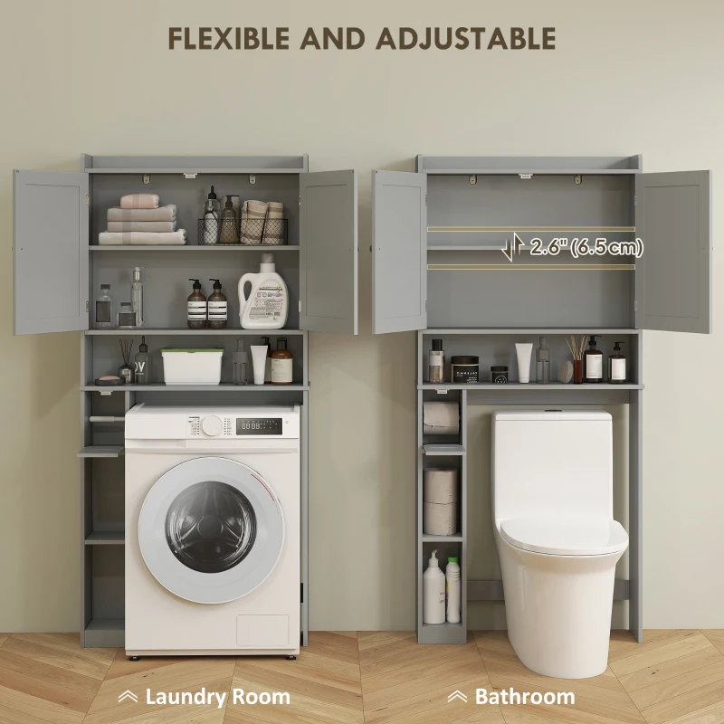 HOMCOM Modern Over The Toilet Storage Shelf with 2 Doors, Above Commode Storage Cabinet with Toilet Paper Holder, Grey